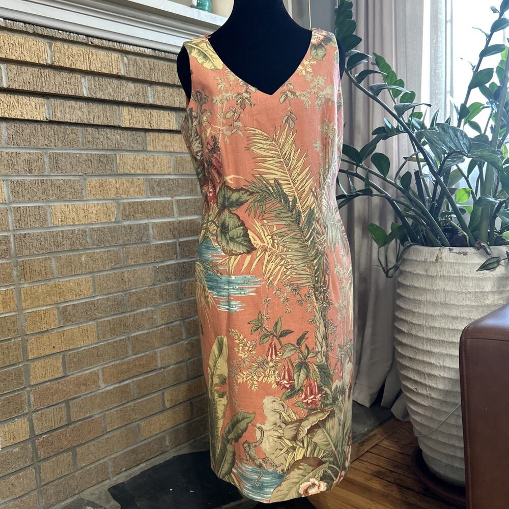 Talbots VTG Sleeveless Floral Tropical Botanical Beaded Shift Dress sz 8P Coral
